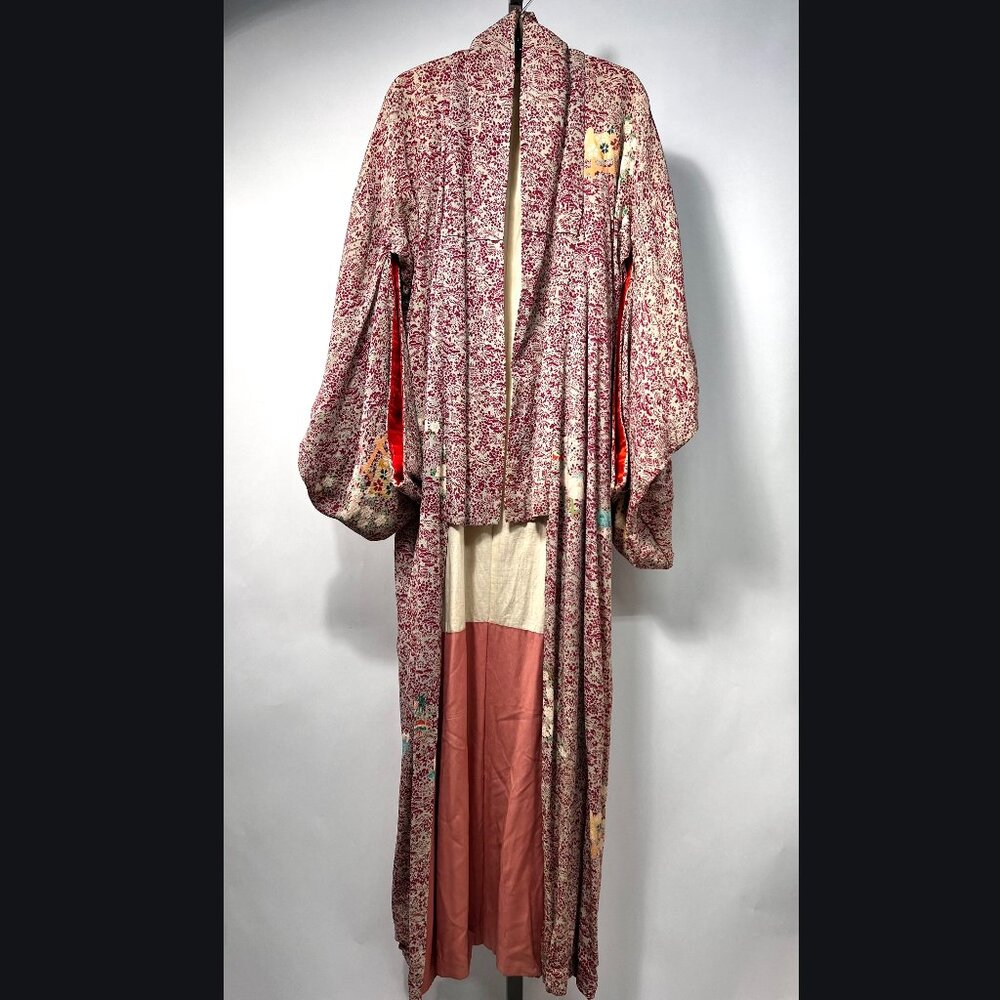 Vintage Hand Stitched Japanese Kimono Long Robe‎ Red Floral & Landscape Printed